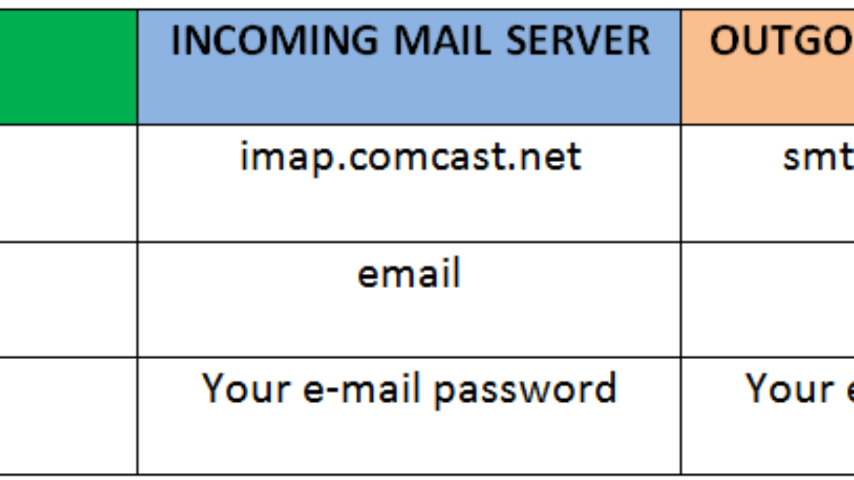 comcast outlook mail server settings